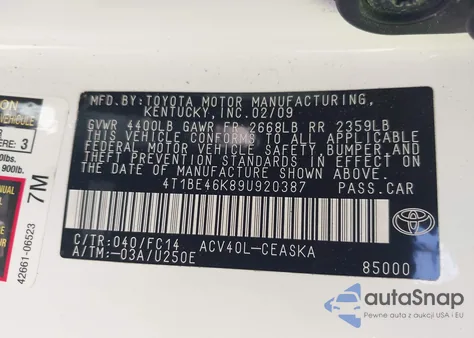 2009 Toyota Camry Se z USA, uszkodzony, nr VIN 4T1BE46K89U920387